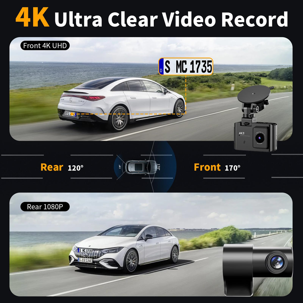 WANLIPO dash cam front 170-degree lens captures broad scenery