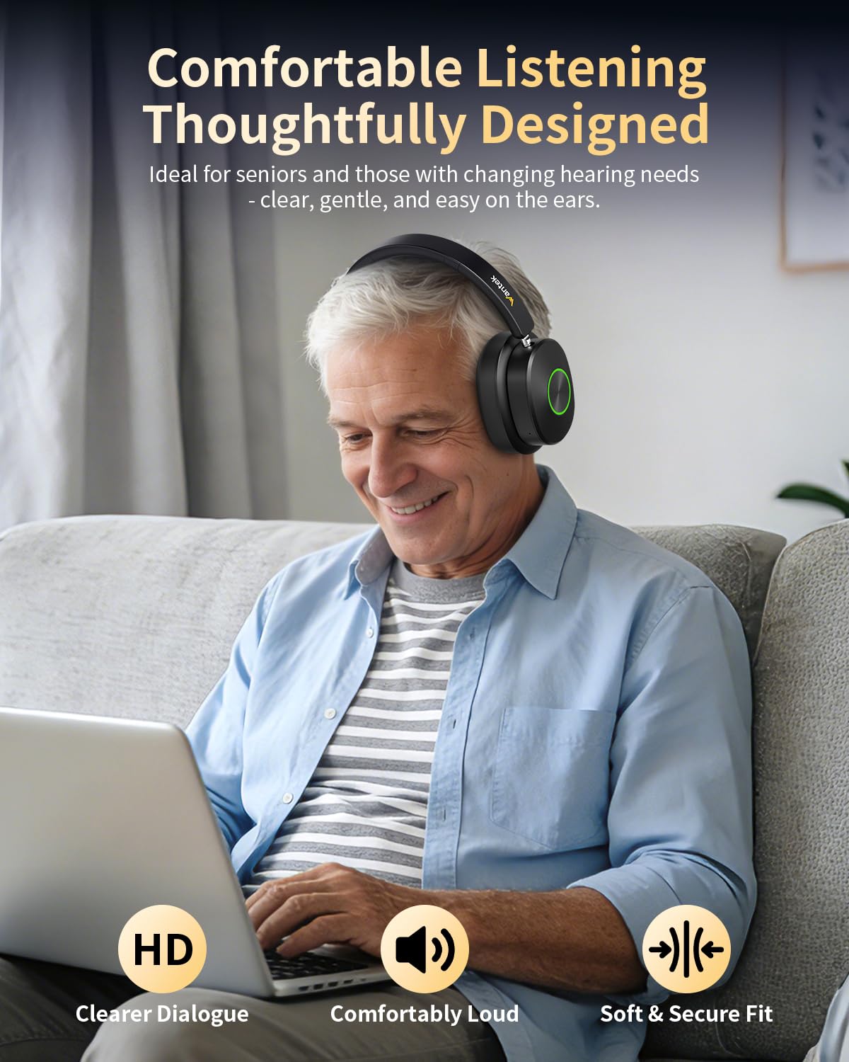 Wantek comfort-oriented earcups designed for seniors during TV viewing.
