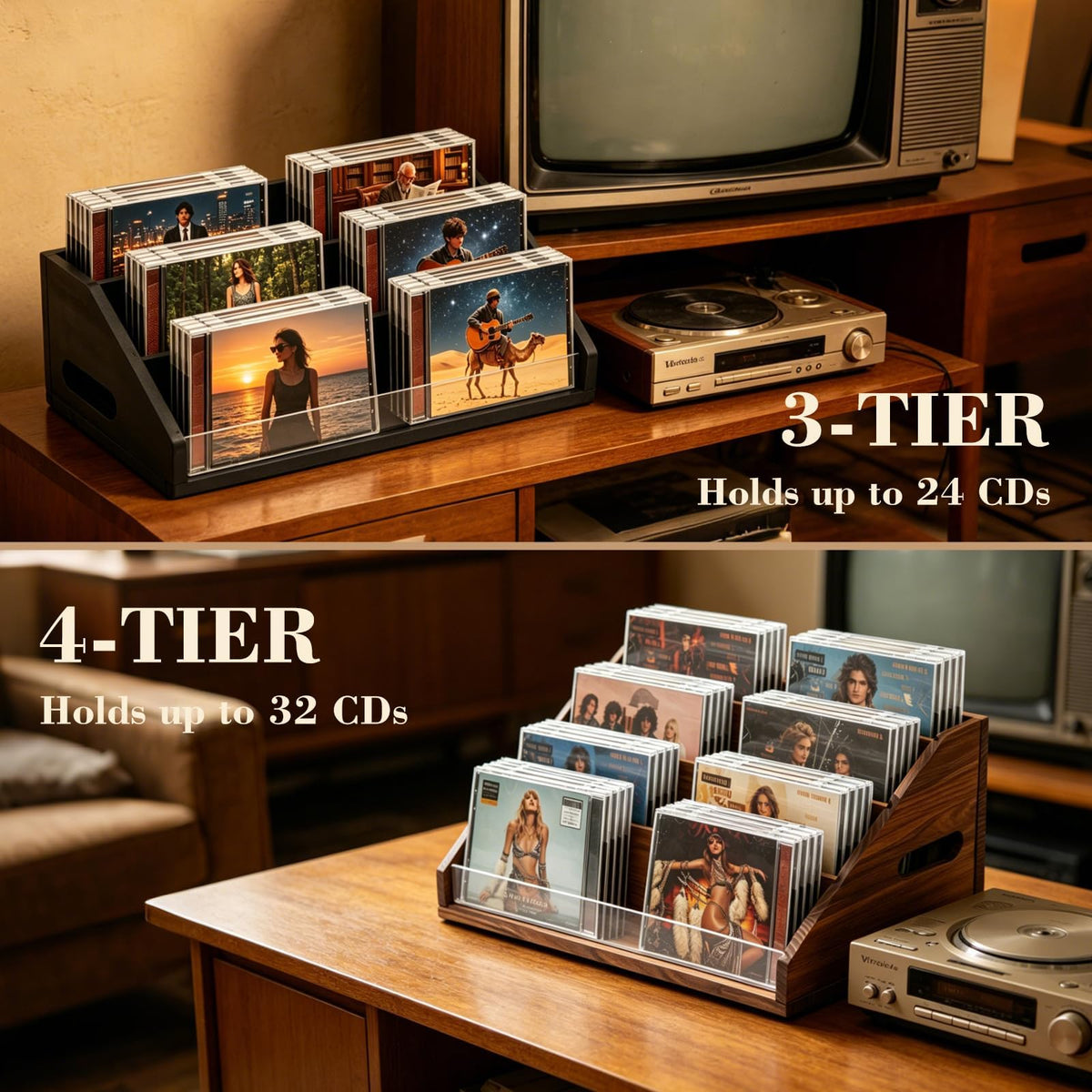 Wanyshapy rustic wood CD display stand four-tier design for organized storage.