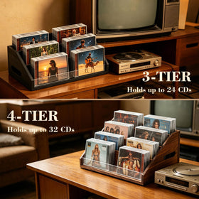 Wanyshapy rustic wood CD display stand four-tier design for organized storage.