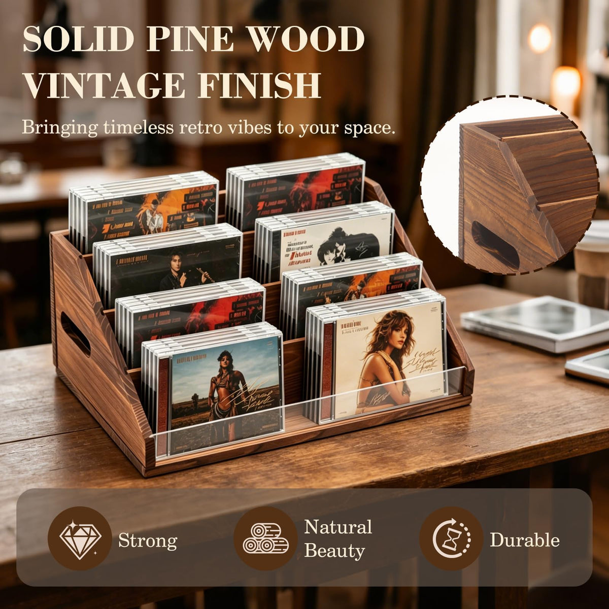 Wanyshapy rustic wood CD display stand acrylic panel keeps covers visible.