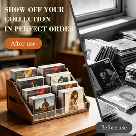 Wanyshapy rustic wood CD display stand on desk setup for easy access.