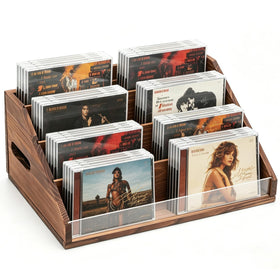 Wanyshapy rustic wood CD display stand front view with 32 CD capacity and retro charm.