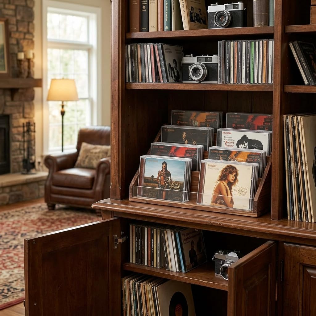 Wanyshapy rustic wood CD display stand hollow handles for easy transport.