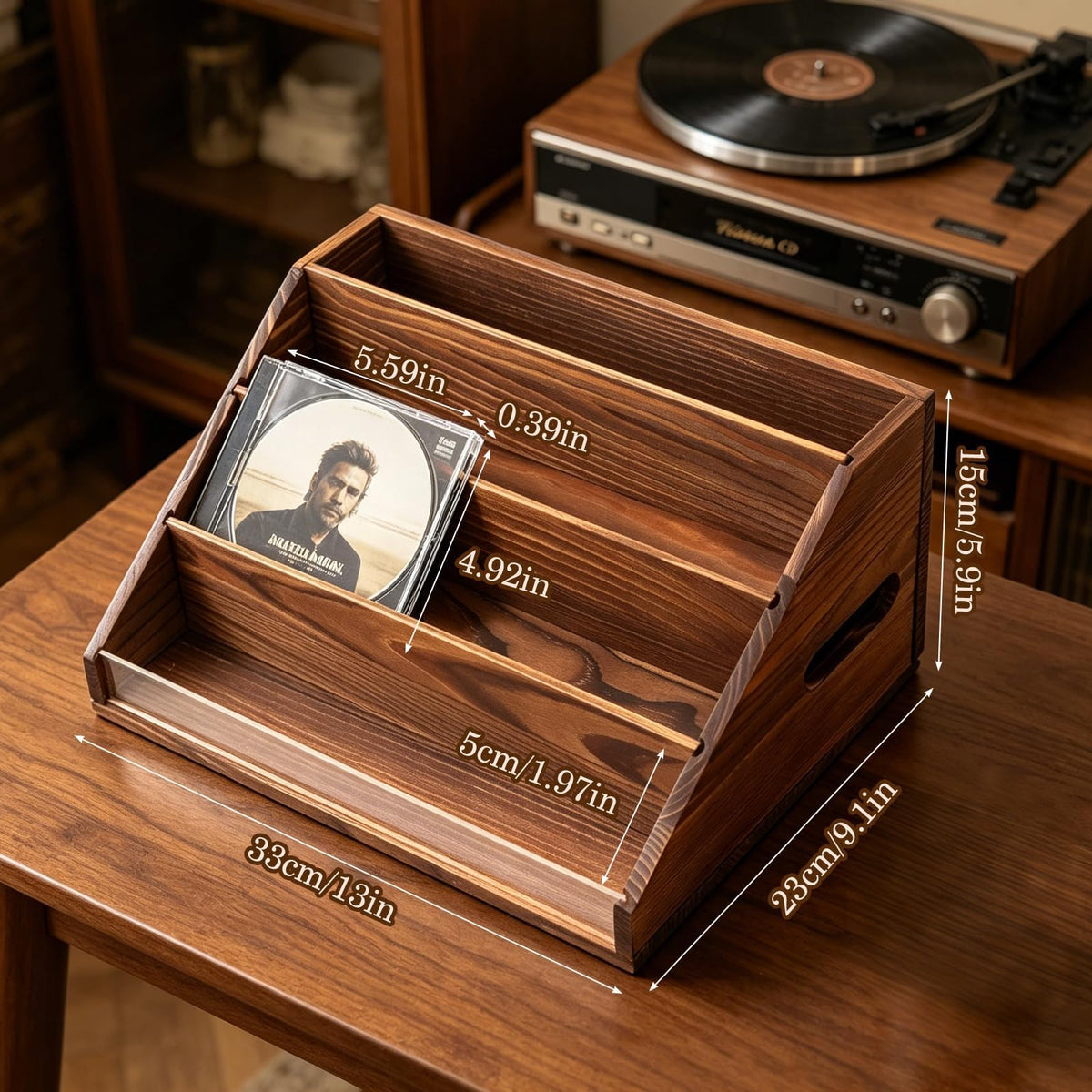 Wanyshapy rustic wood CD display stand side profile showing compact desktop footprint.