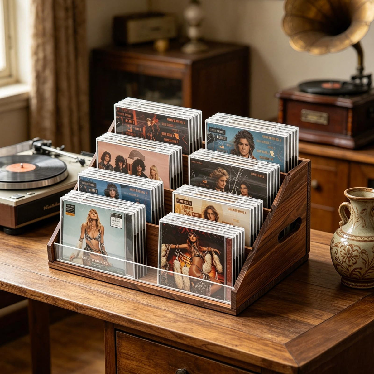 Wanyshapy rustic wood CD display stand solid wood construction for durability.