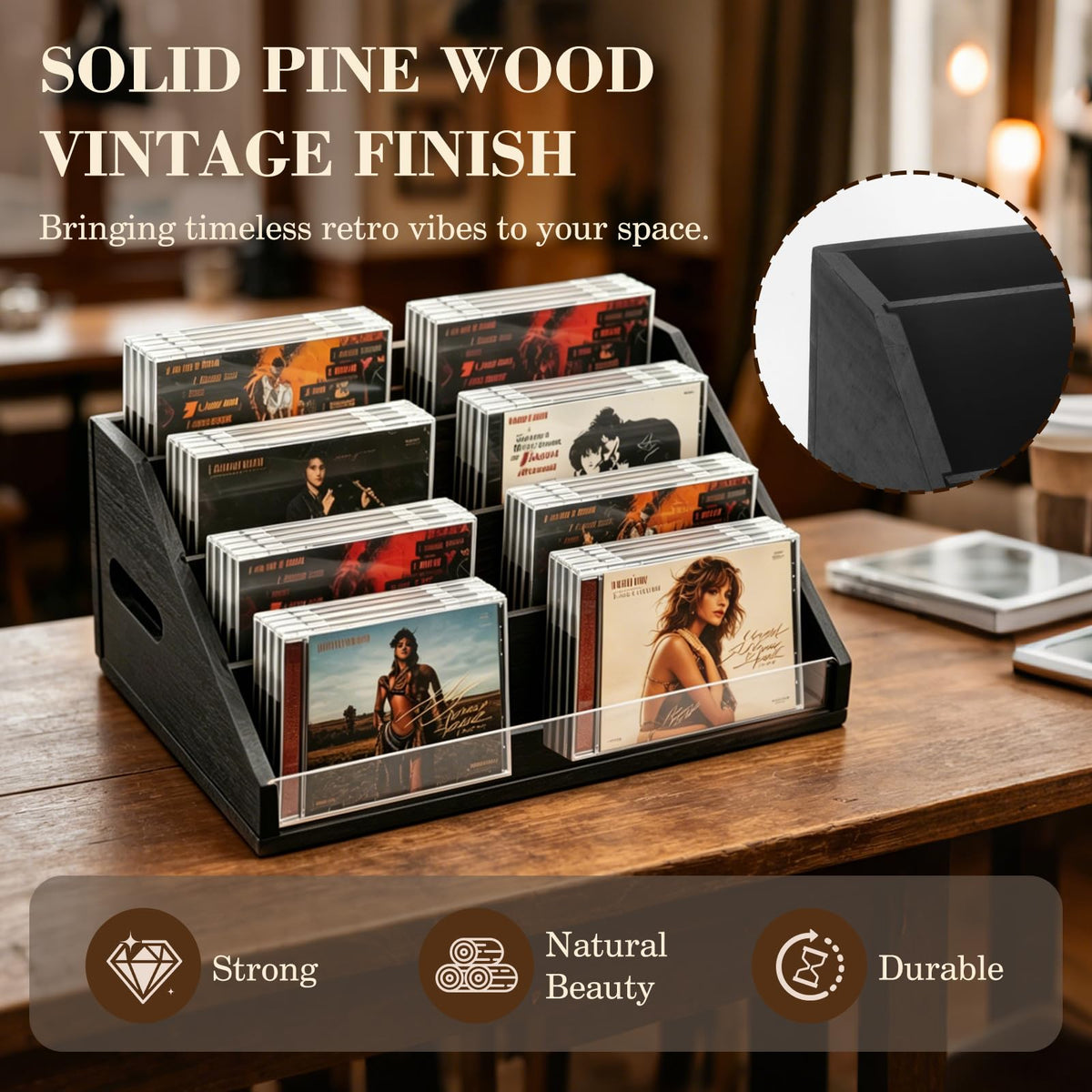 Wanyshapy solid wood CD organizer highlights natural grain and retro vibe