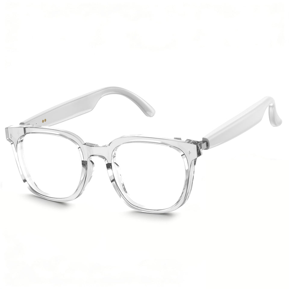 warchody front view of glasses showing sleek frame and open-ear speakers for clear audio