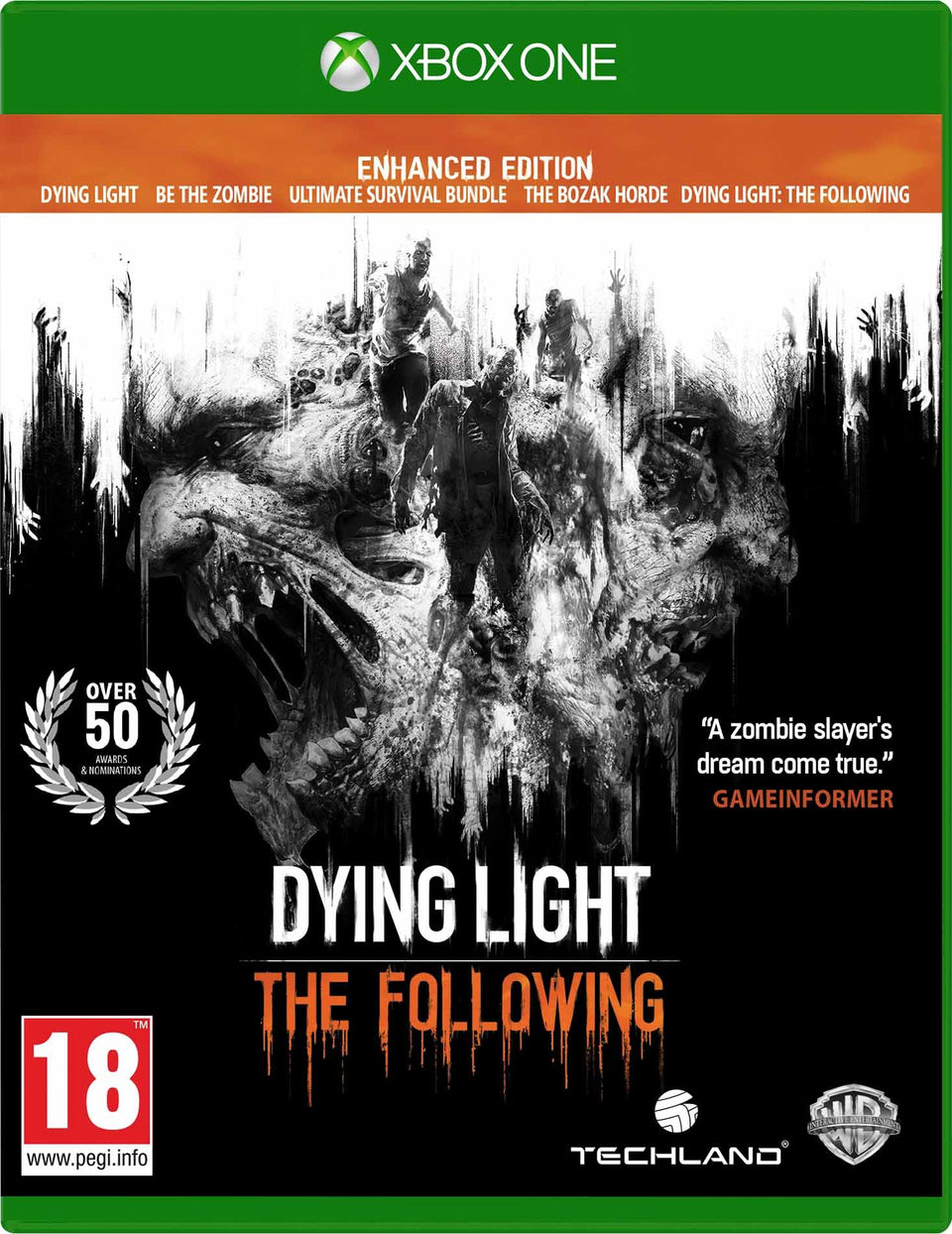 Warner Manufacturing Dying Light: The Following Enhanced Edition on Xbox One cover highlights expanded content for immersive survival