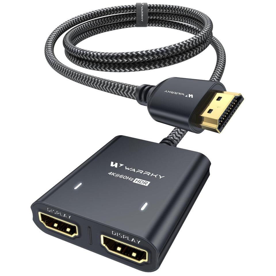 WARRKY front view of splitter showing two HDMI outputs and clean setup benefit