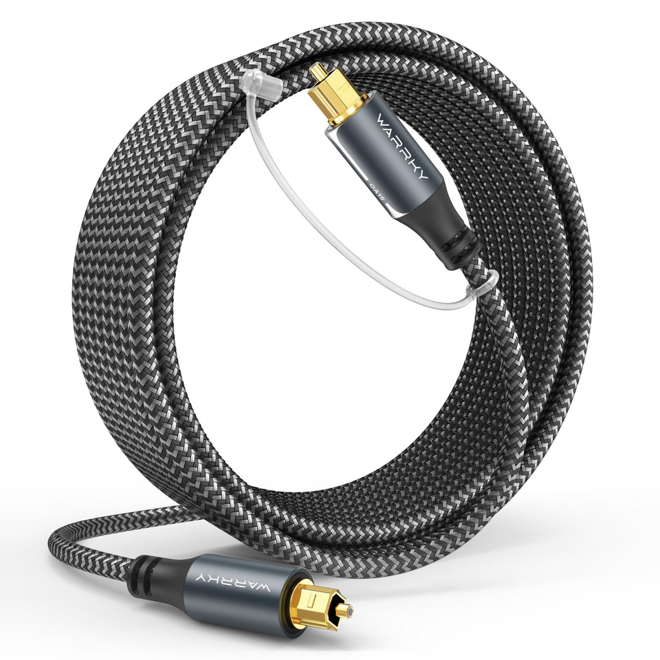 WARRKY Optical Cable 20ft with durable nylon braid for home theater connections.