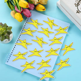 Watersay bright yellow star close-up shows high-contrast color on notebooks.