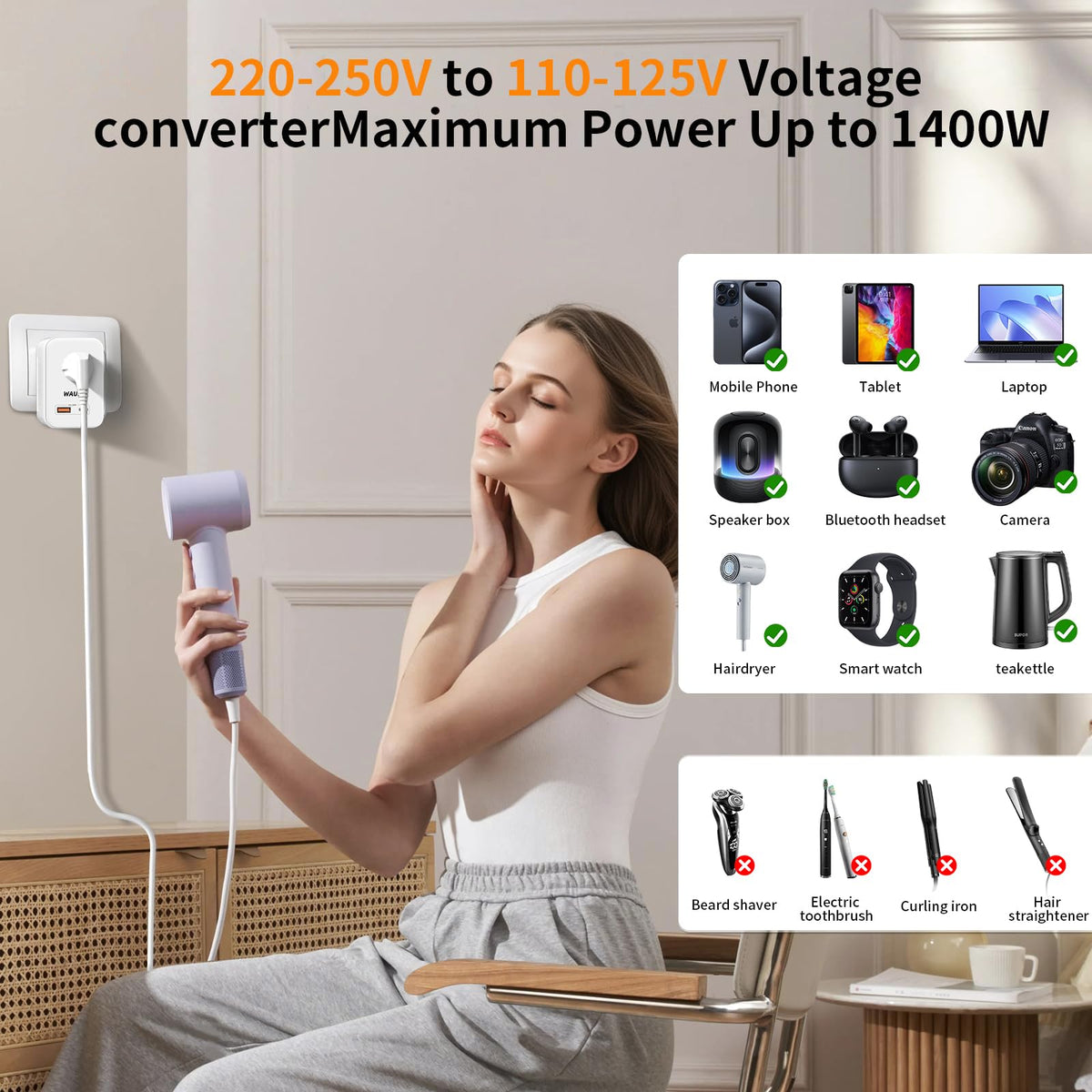 WAUDM 6-in-1 travel converter ports enable multiple devices charging.