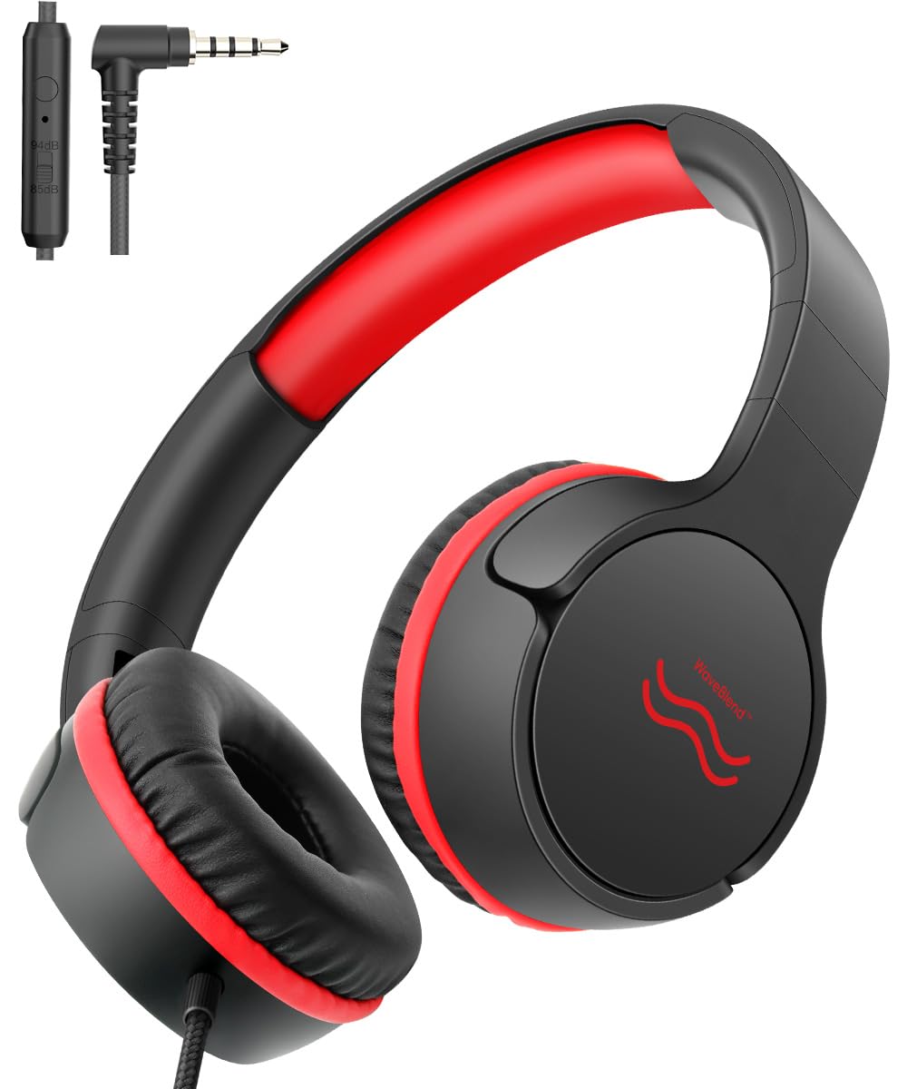 WaveBlend wired kids headphones with mic folded for travel.