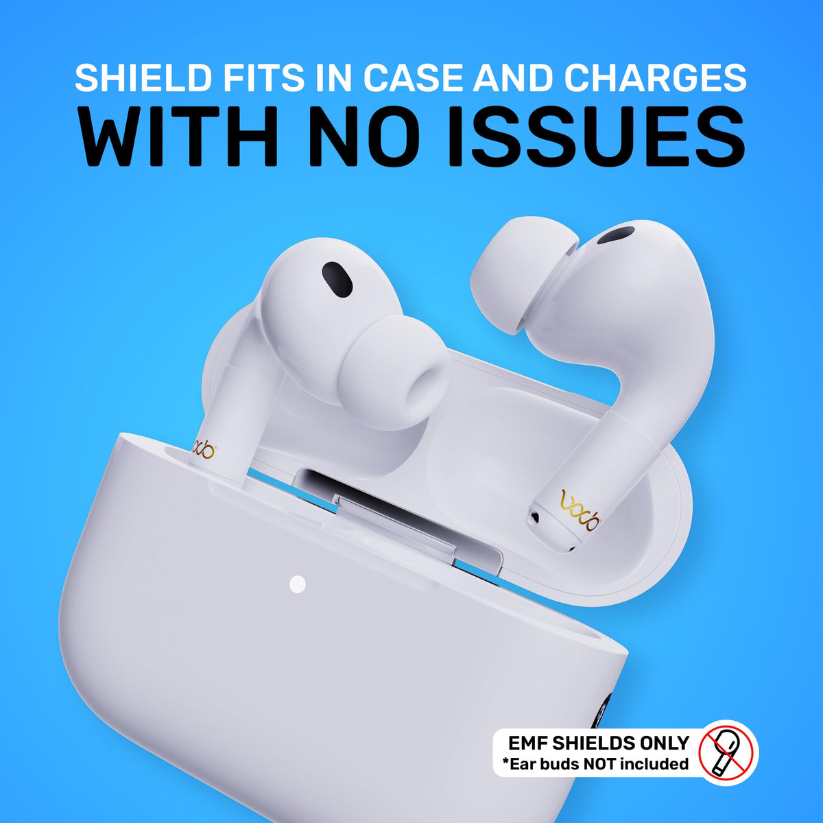 WAVEBLOCK stickers visible on AirPods inside charging case maintaining closure