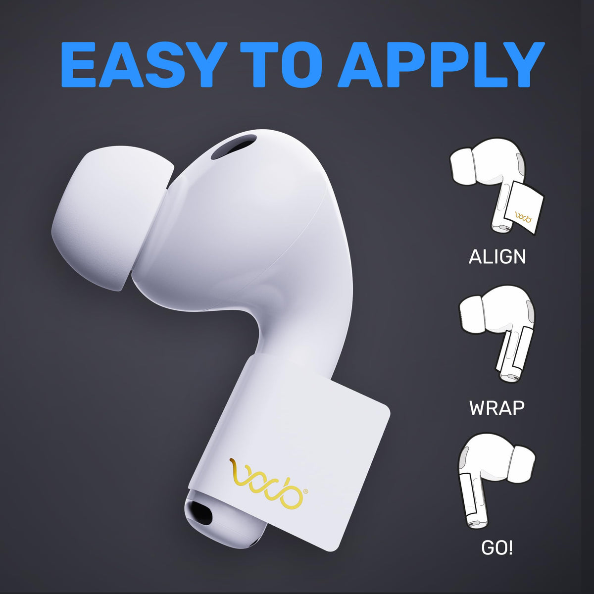 WAVEBLOCK sticker applied to an AirPod stem demonstrating discreet fit