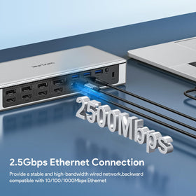 WAVLINK 180W power adapter keeps the dock and devices powered.