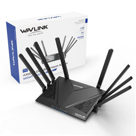 WAVLINK AX6000 router front view with eight high-gain antennas for broad coverage.
