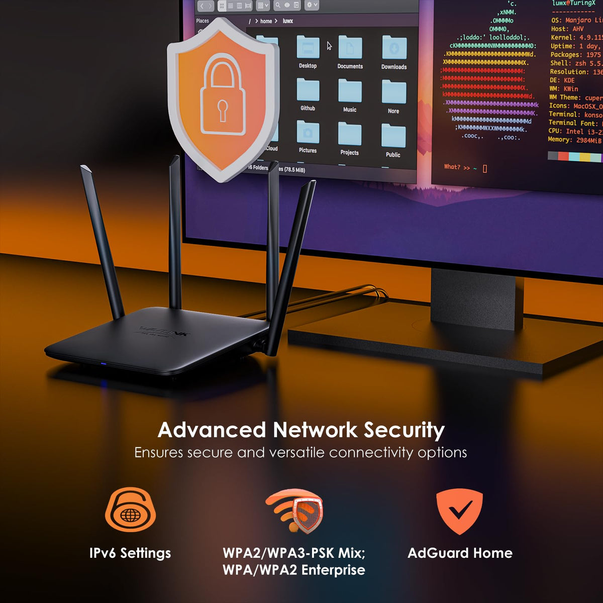 WAVLINK BE5100 beamforming with 5dBi antennas enhancing coverage.