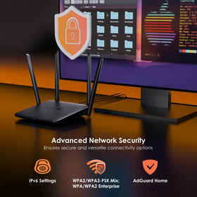 WAVLINK BE5100 beamforming with 5dBi antennas enhancing coverage.