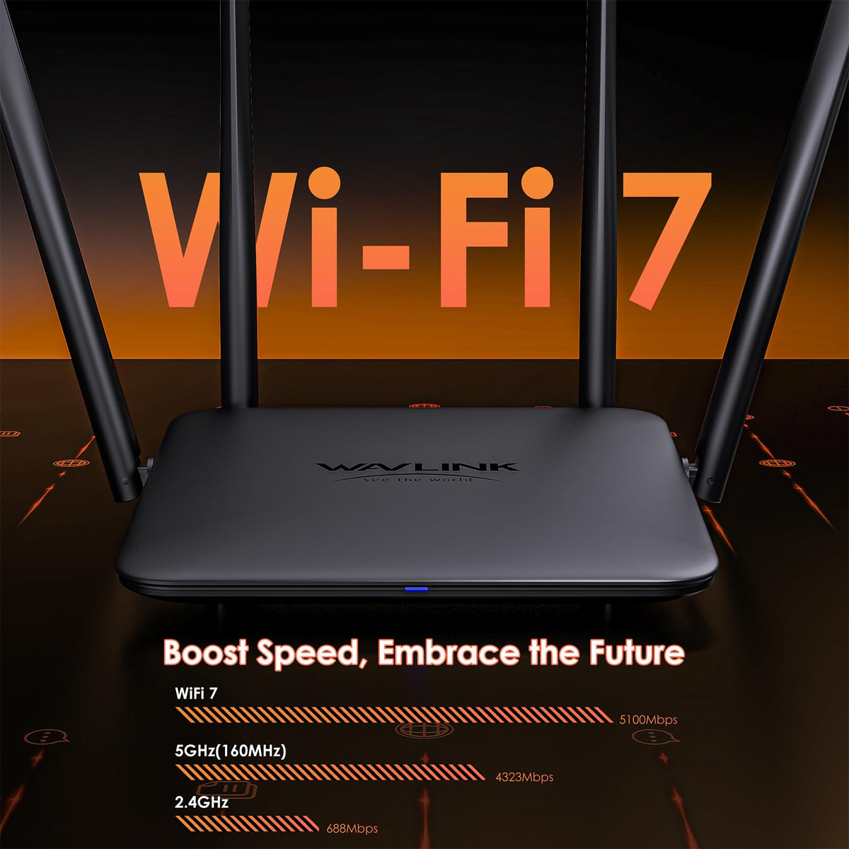WAVLINK BE5100 antenna array highlights 5dBi elements boosting reach.
