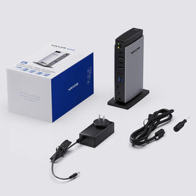 WAVLINK compact docking setup neatly organized on a busy desk.