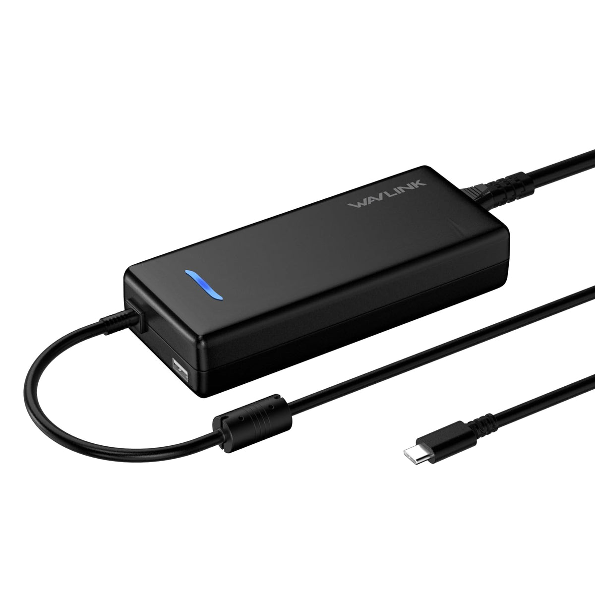 WAVLINK charger powering laptop and phone on desk.