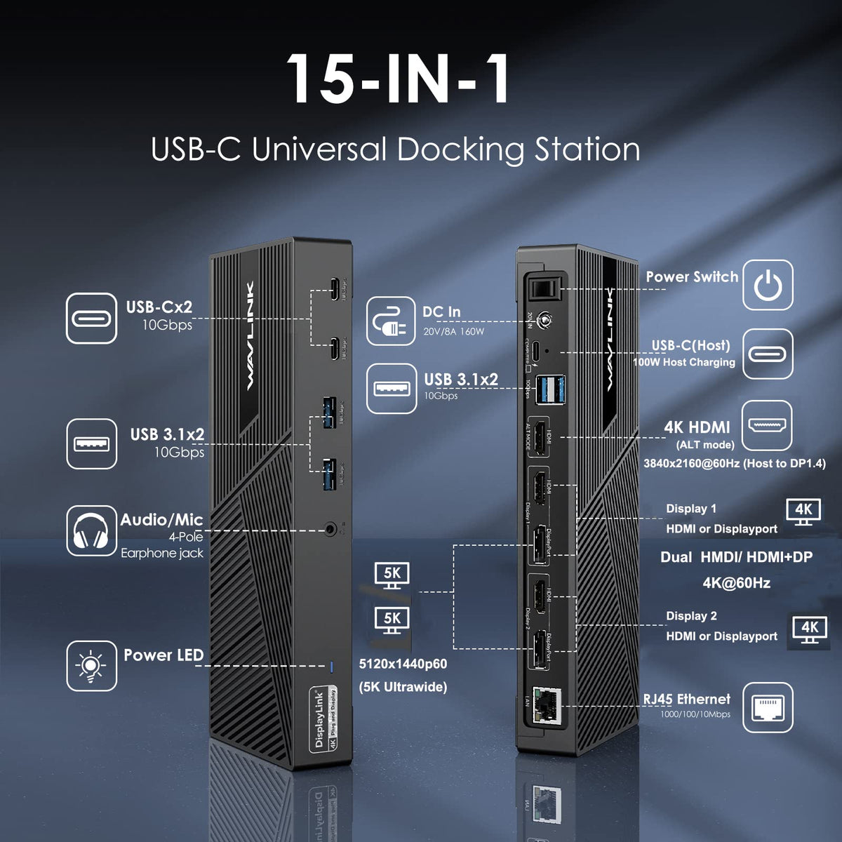 WAVLINK DisplayLink delivers up to 100W PD to a laptop for all-day work.