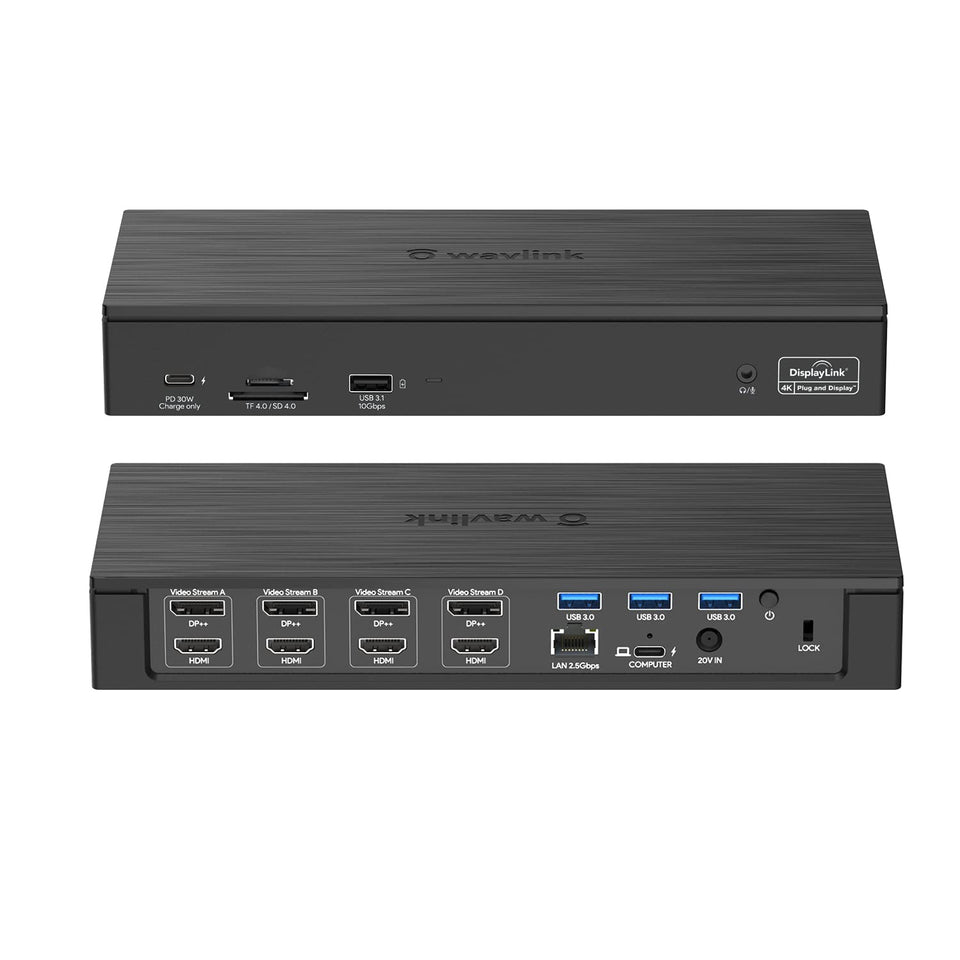 WAVLINK DisplayLink dock enabling quad monitor setup for versatile multitasking.