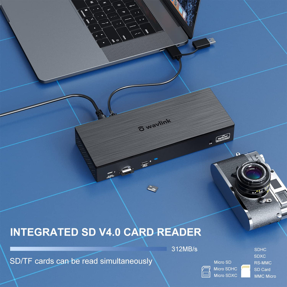 SD 4.0 card reader speeds up media transfers with WAVLINK dock.