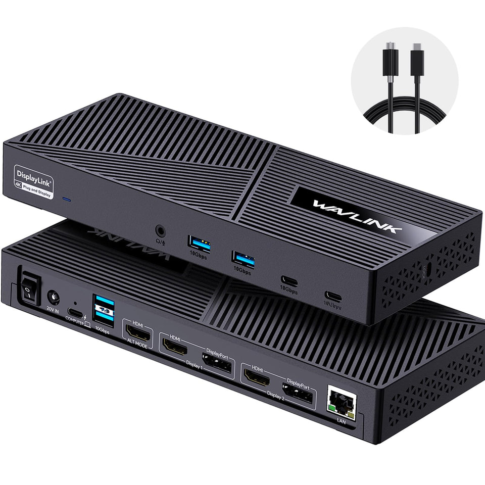 WAVLINK DisplayLink docking station front view with three monitors for expanded workspace.