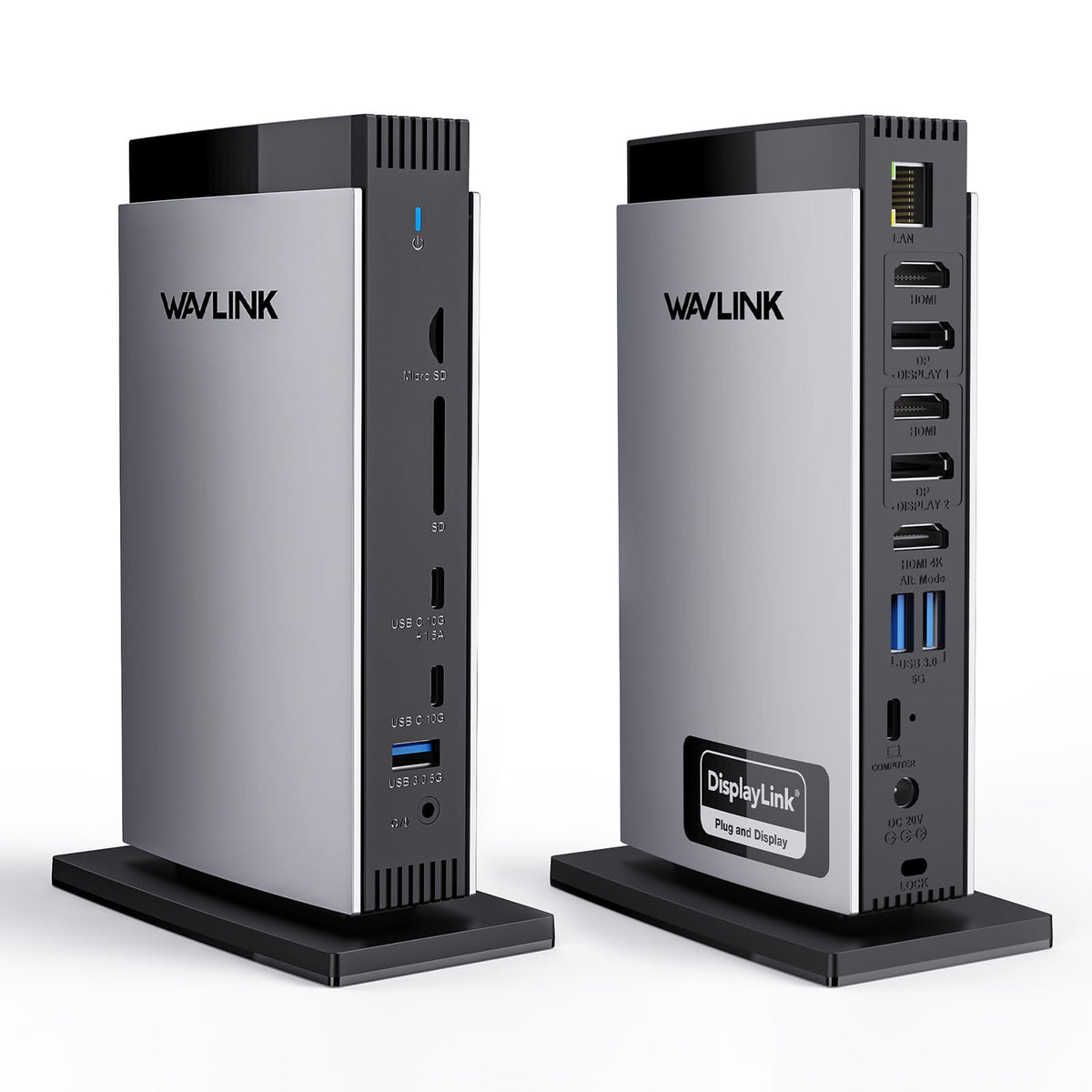 WAVLINK DisplayLink docking station front ports for easy access and cable management.