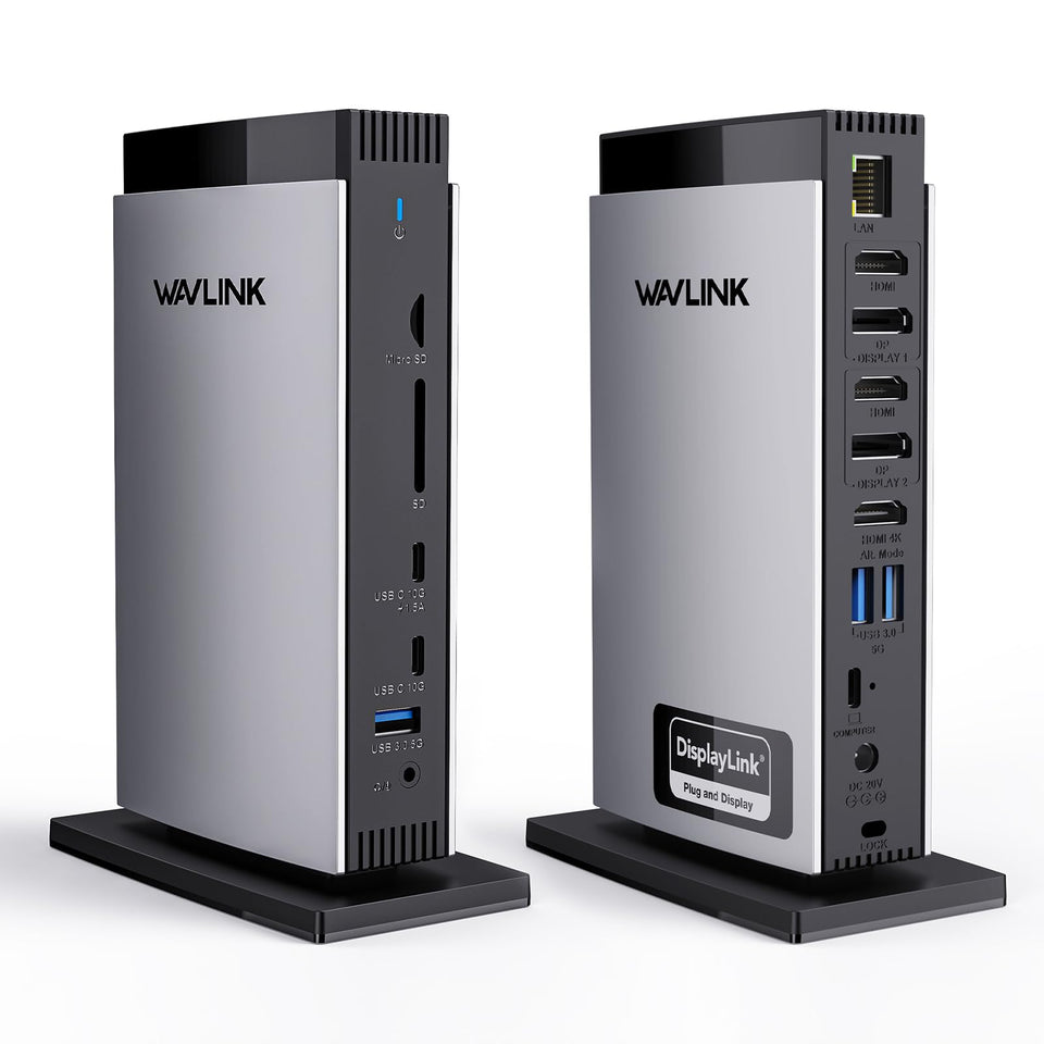 WAVLINK DisplayLink docking station front ports for easy access and cable management.