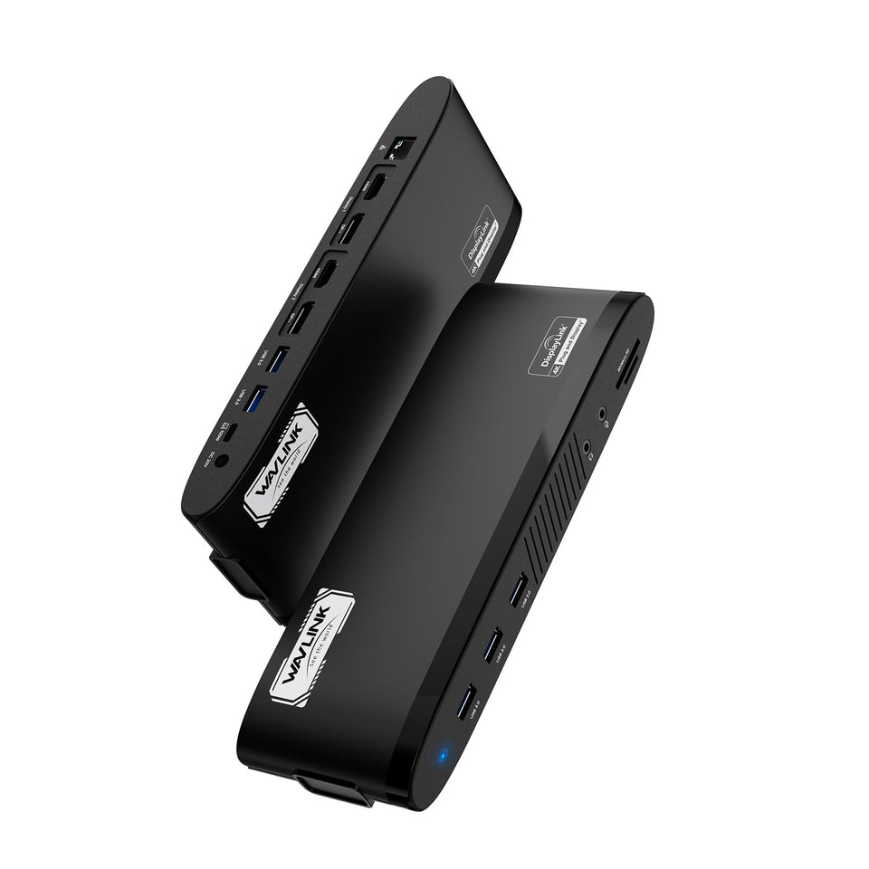WAVLINK DisplayLink docking station front ports for quick peripheral access and cable management.