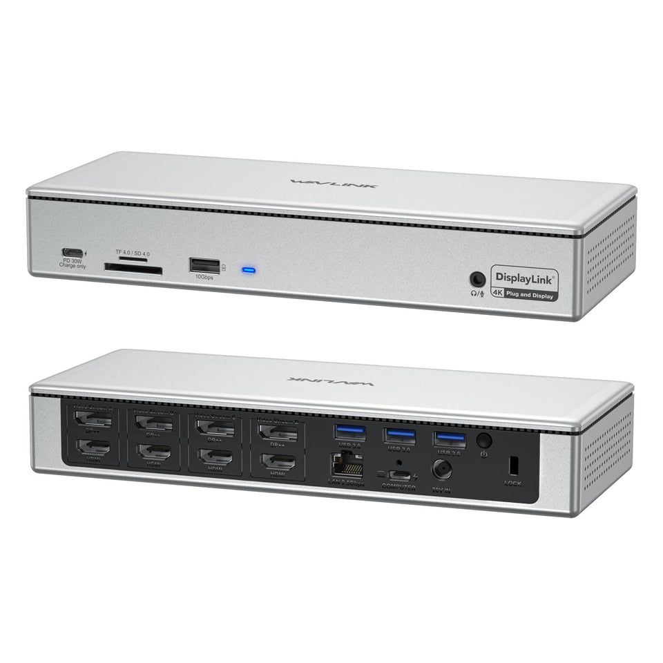 WAVLINK DisplayLink quad dock with four HDMI and DP outputs for multitasking.