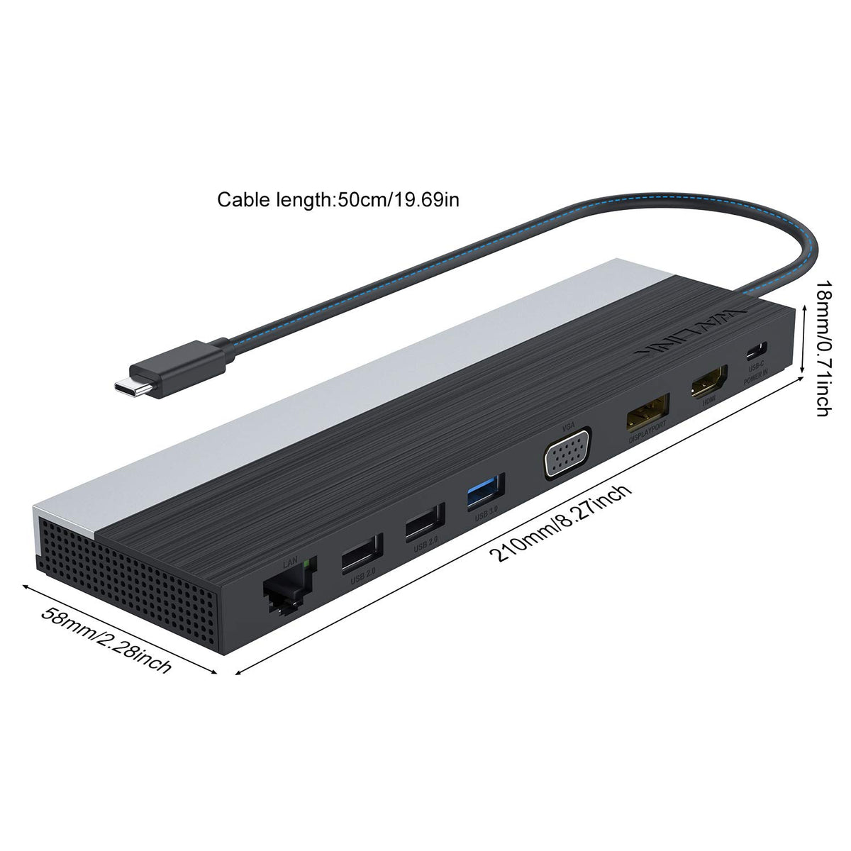WAVLINK showing 3.5mm audio jack and VGA port for legacy audio and projector support