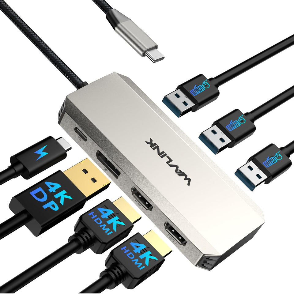 WAVLINK docking station front view showing ports and tidy desktop benefit