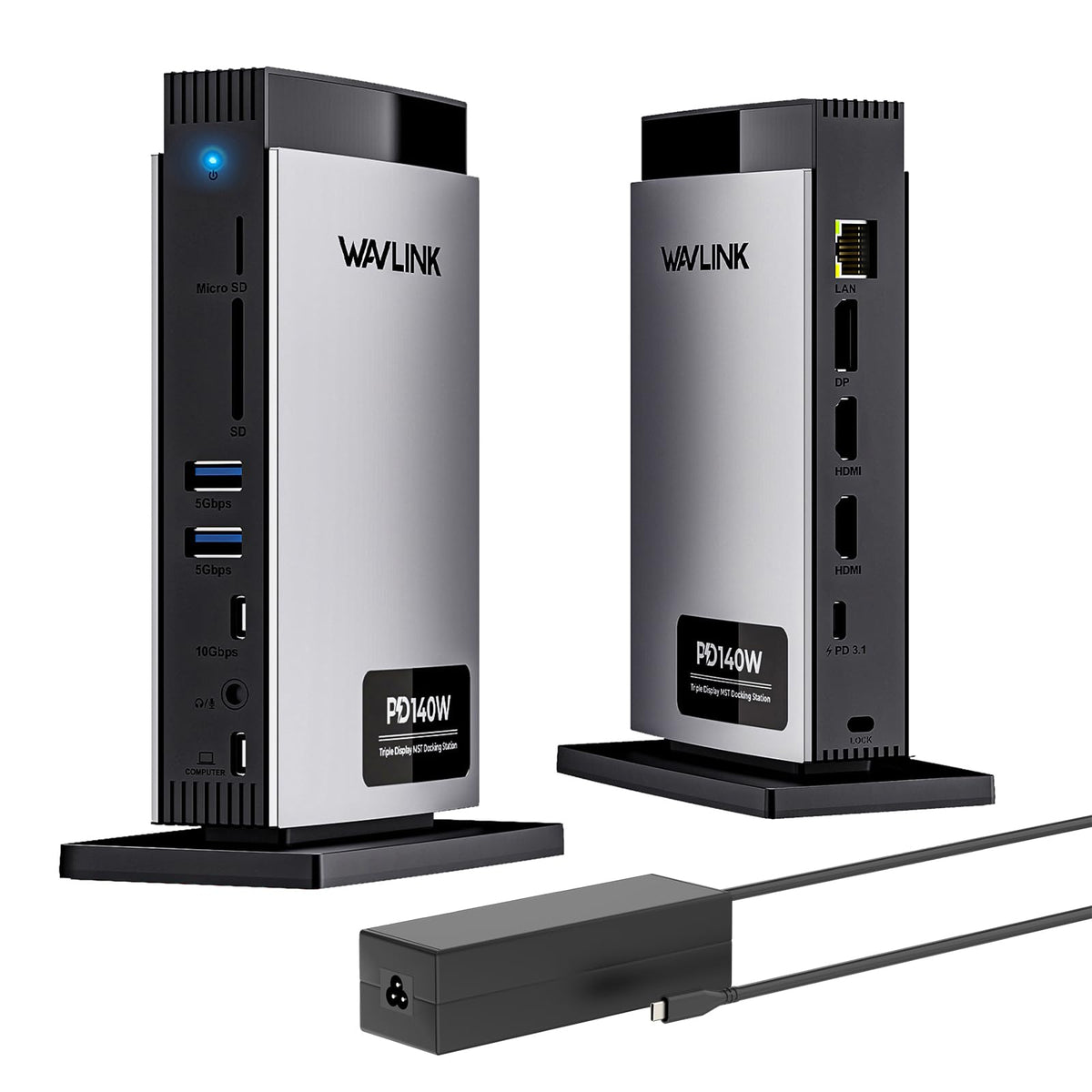 WAVLINK dock front panel showing ports and status lights for neat desktop access