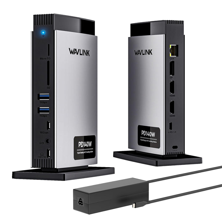 WAVLINK dock front panel showing ports and status lights for neat desktop access