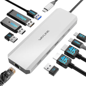 WAVLINK docking station front view showing ports and clean desk benefit