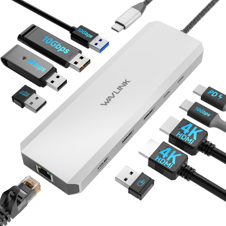 WAVLINK docking station front view showing ports and clean desk benefit