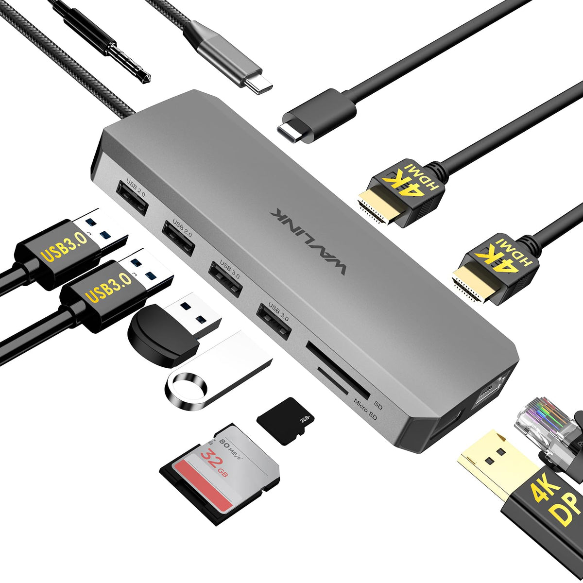 WAVLINK front view showing ports and sleek grey finish for streamlined workspace