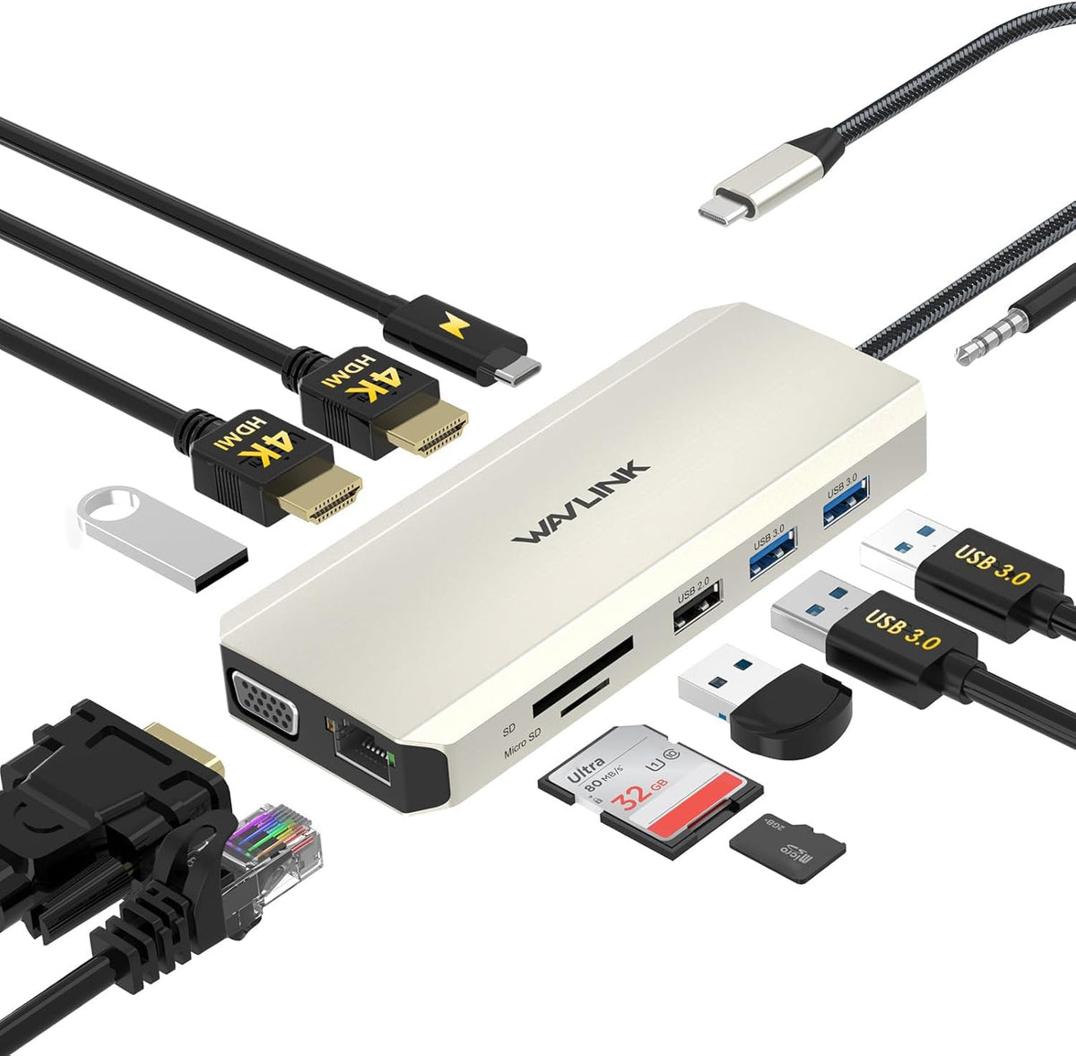 WAVLINK front view showing all ports and compact design for versatile workstation