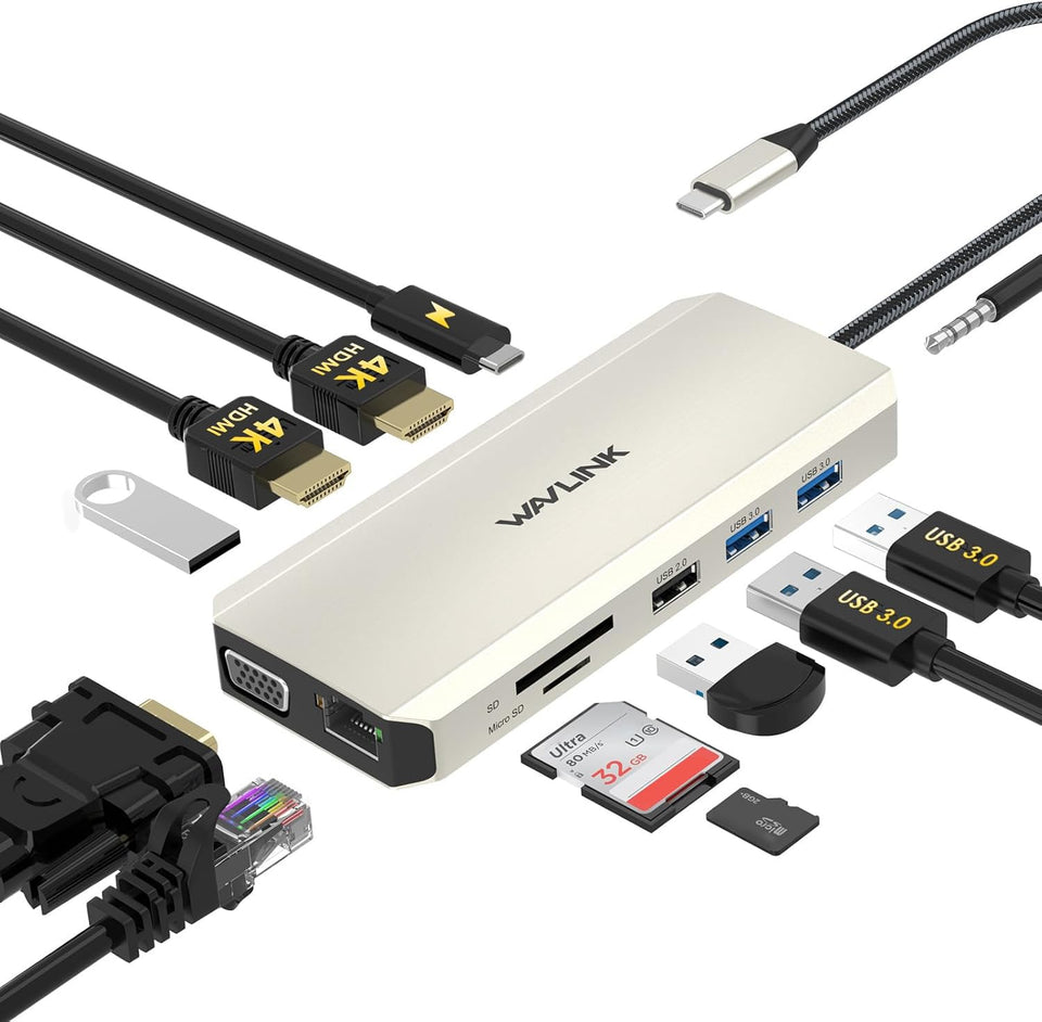 WAVLINK front view showing all ports and compact design for versatile workstation