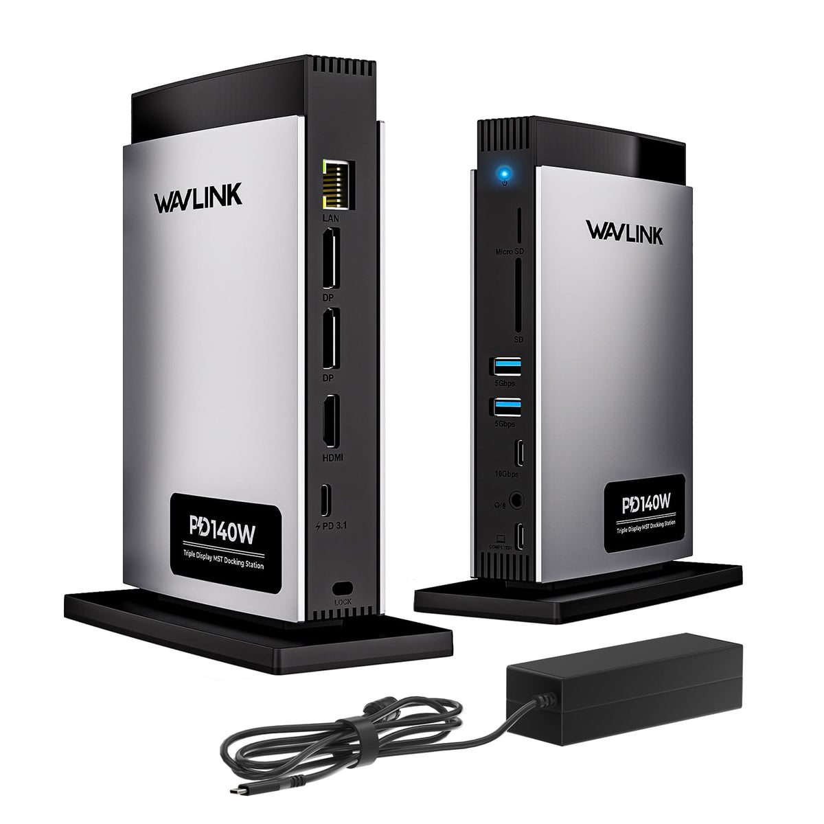 WAVLINK docking station front view showing ports and sleek profile, enabling tidy desk setup