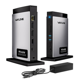 WAVLINK docking station front view showing ports and sleek profile, enabling tidy desk setup