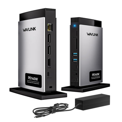 WAVLINK docking station front view showing ports and sleek profile, enabling tidy desk setup