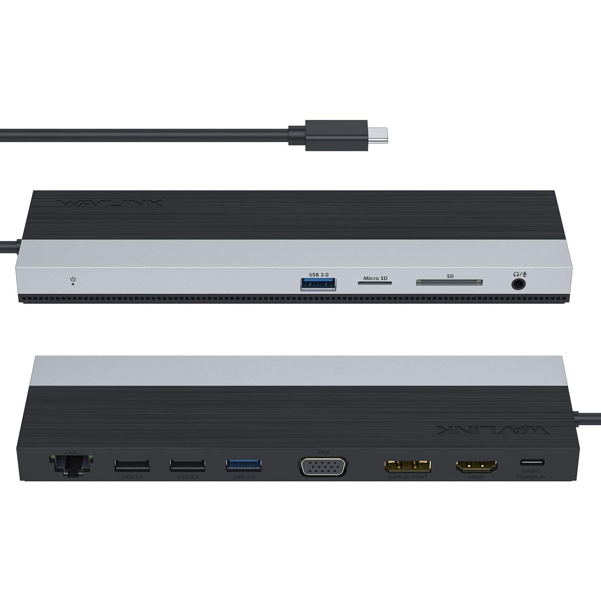 WAVLINK docking station front view showing full port array and easy workstation setup