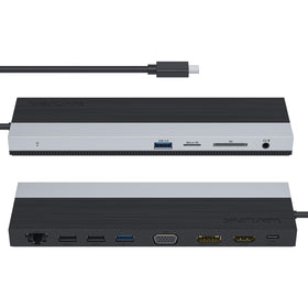 WAVLINK docking station front view showing full port array and easy workstation setup