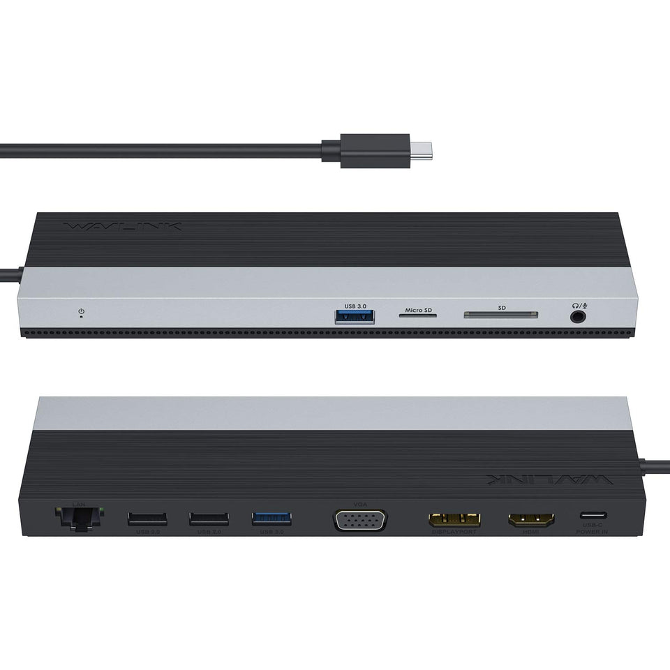 WAVLINK docking station front view showing full port array and easy workstation setup